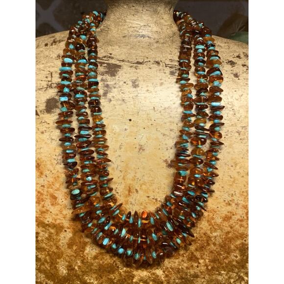 Jay King Necklace Sterling Silver, Amber & Turquoise 3 Strand Graduating by DTR - Picture 2 of 9